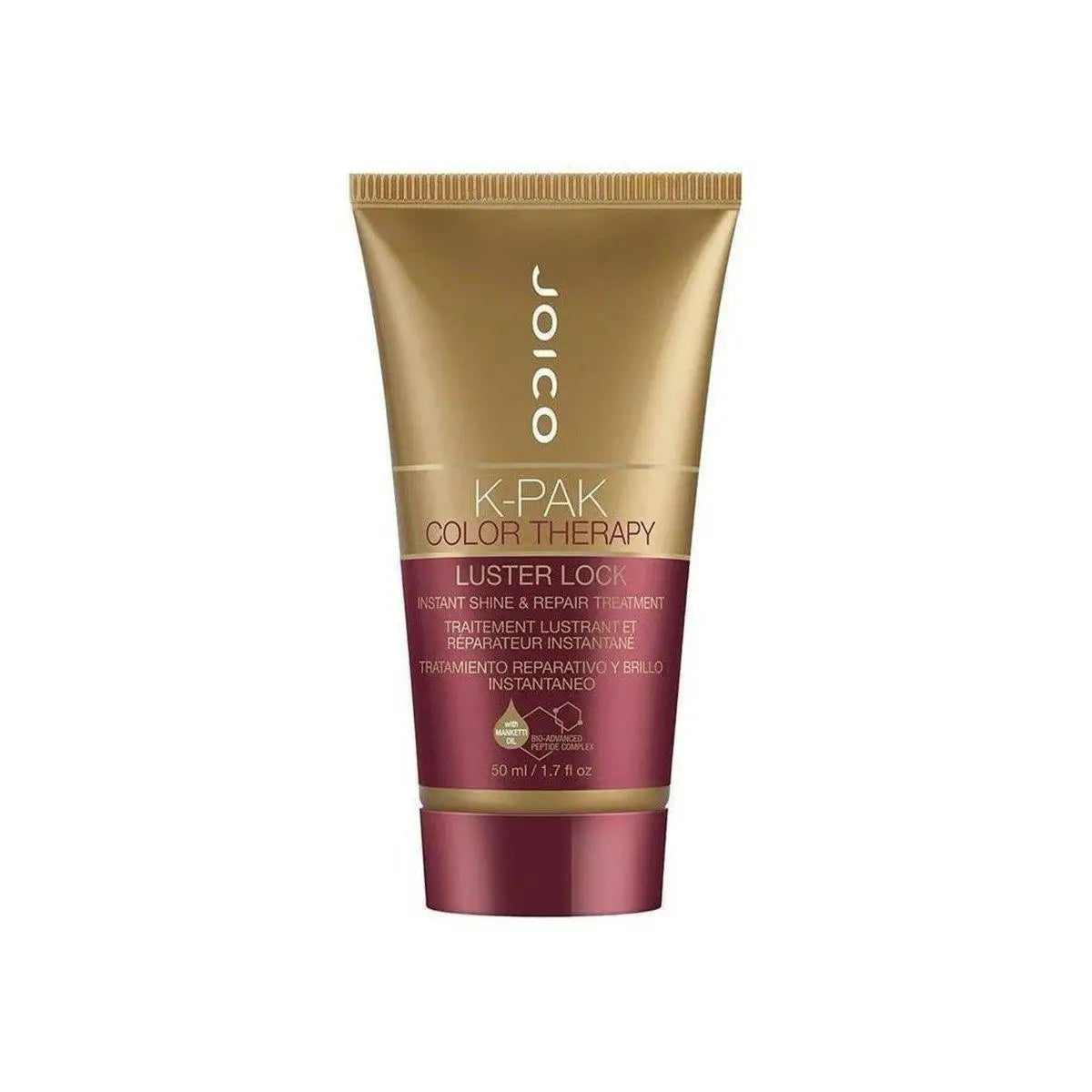 Joico K-Pak Color Therapy Luster Lock hair treatment in gold and burgundy tube, 140ml