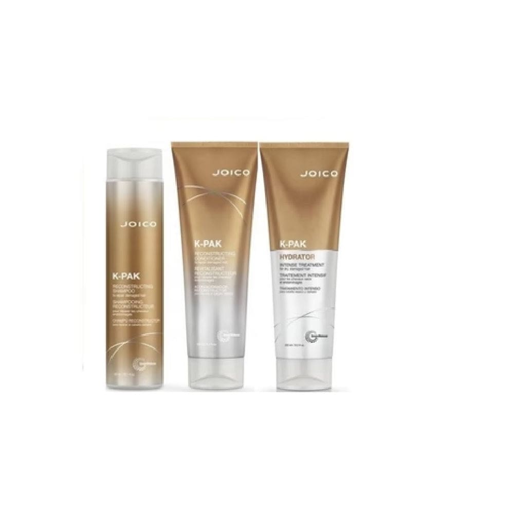 Joico K-Pak Reconstruction Trio Bundle featuring Intense Hydrator hair products in gold and white