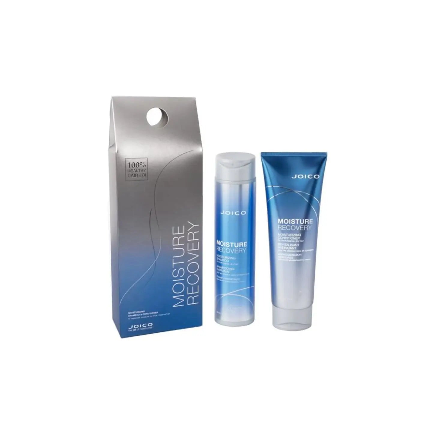 Skincare product set with blue and silver packaging.