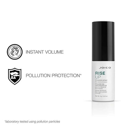 Joico Rise Up Powder Spray bottle showing instant volume and pollution protection icons