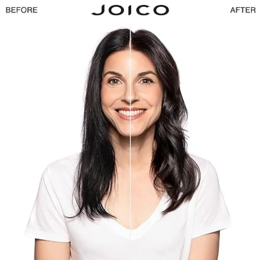 Split-screen portrait showing a woman’s hair transformation using Joico YouthLock Treatment Masque