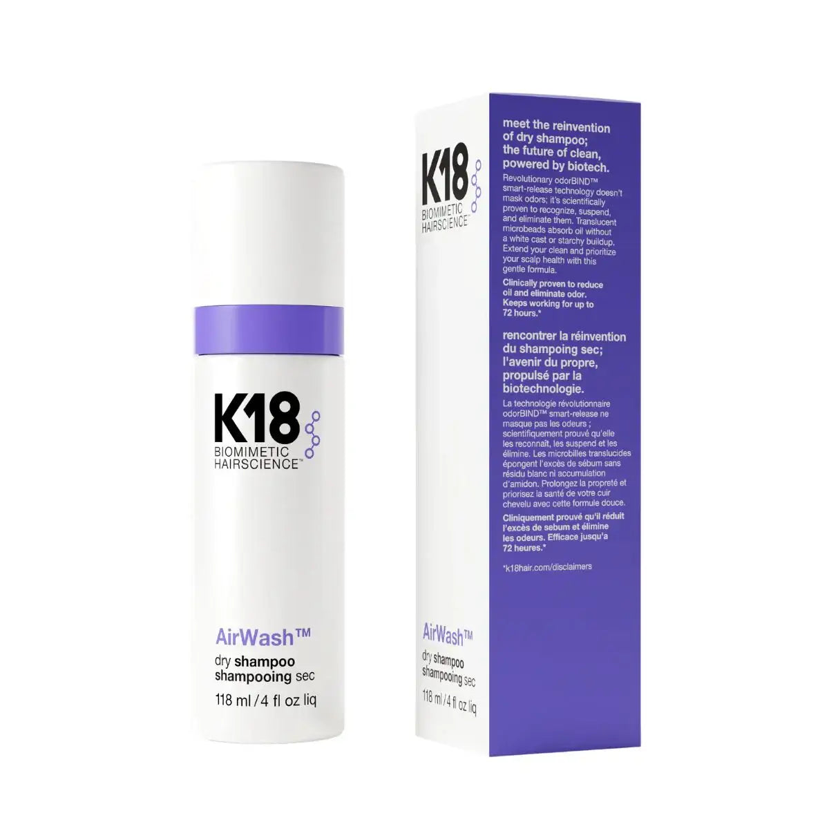 K18 AirWash Dry Shampoo 118ml bottle and packaging in elegant white and purple design