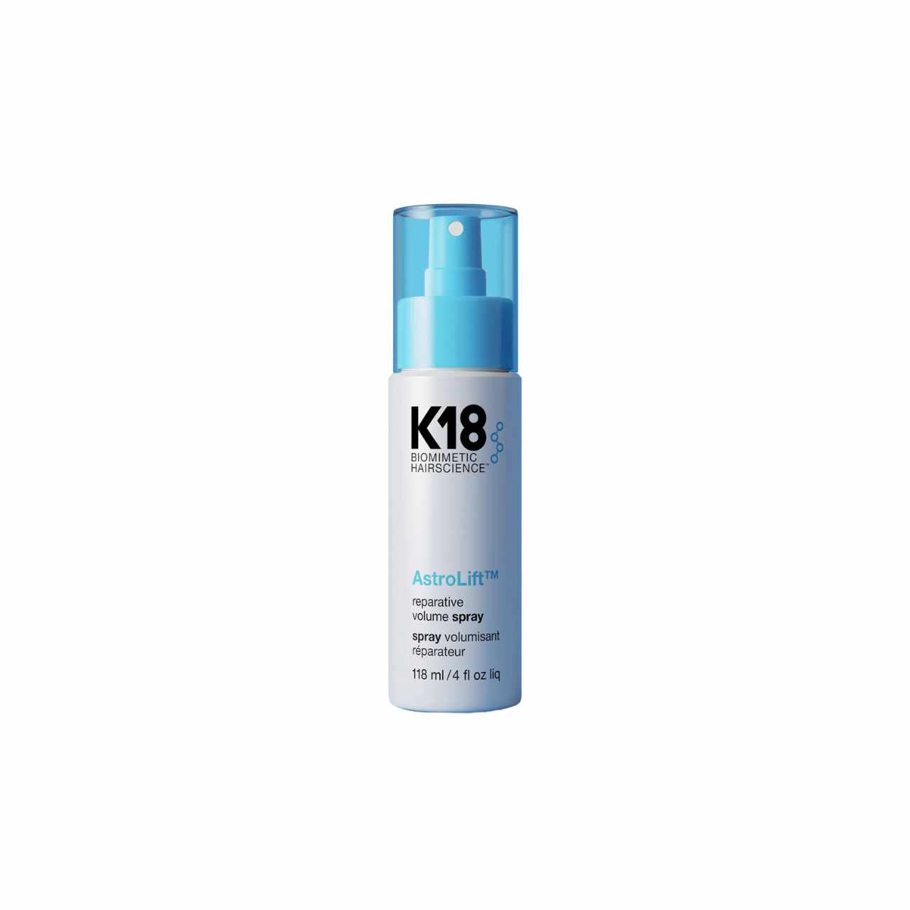 K18 AstroLift Reparative Volume Spray in a sleek bottle for boosting hair volume and repair