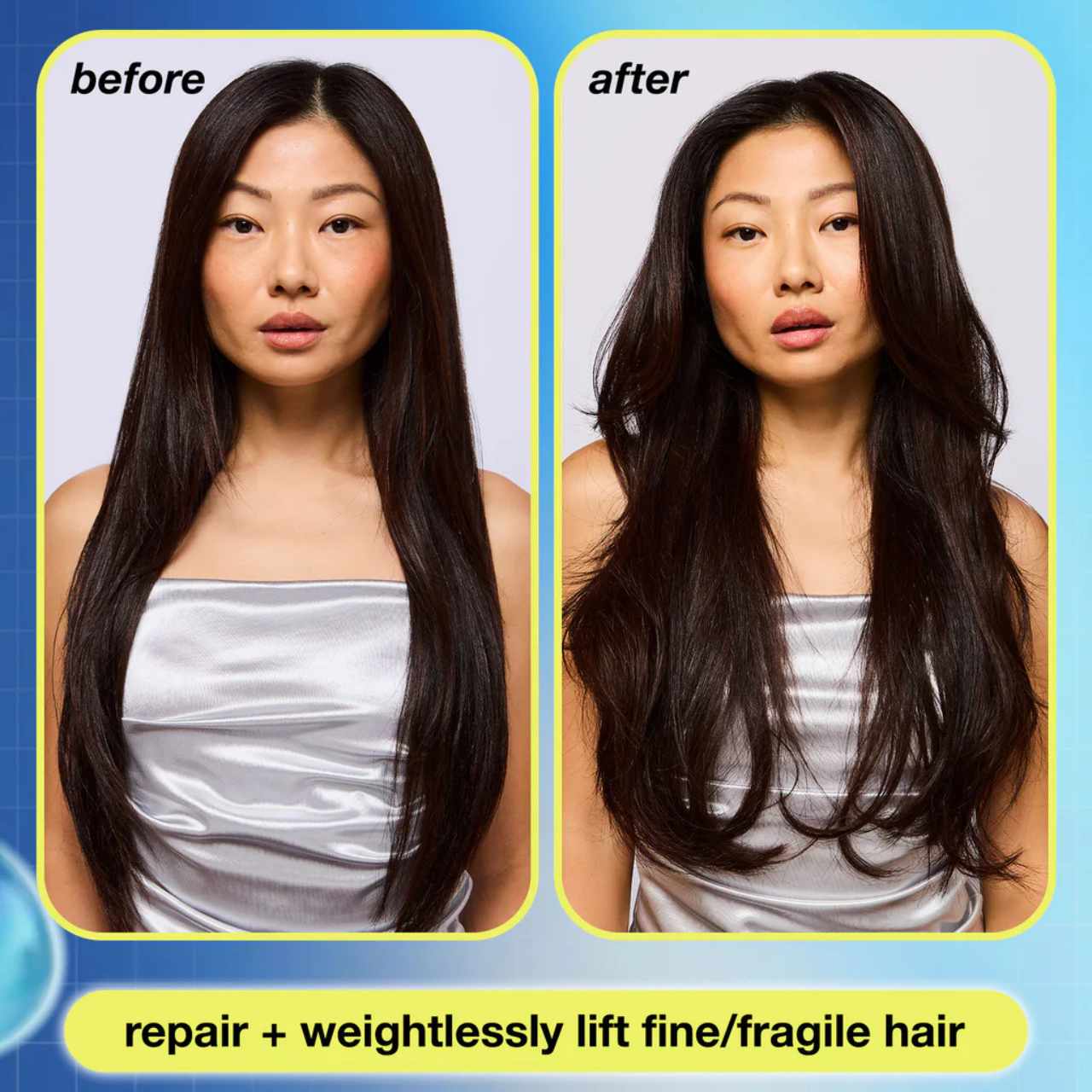 Before and after using K18 AstroLift Reparative Volume Spray for fine, fragile hair with noticeable lift