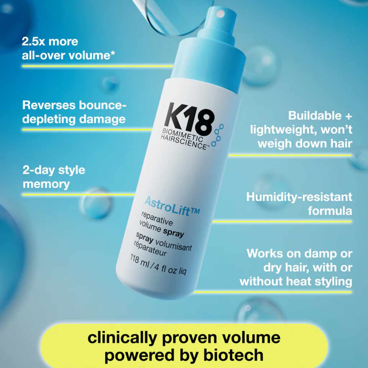 K18 AstroLift Reparative Volume Spray in a blue bottle for lightweight volume and bounce restoration