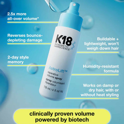 K18 AstroLift Reparative Volume Spray in a blue bottle for lightweight volume and bounce restoration