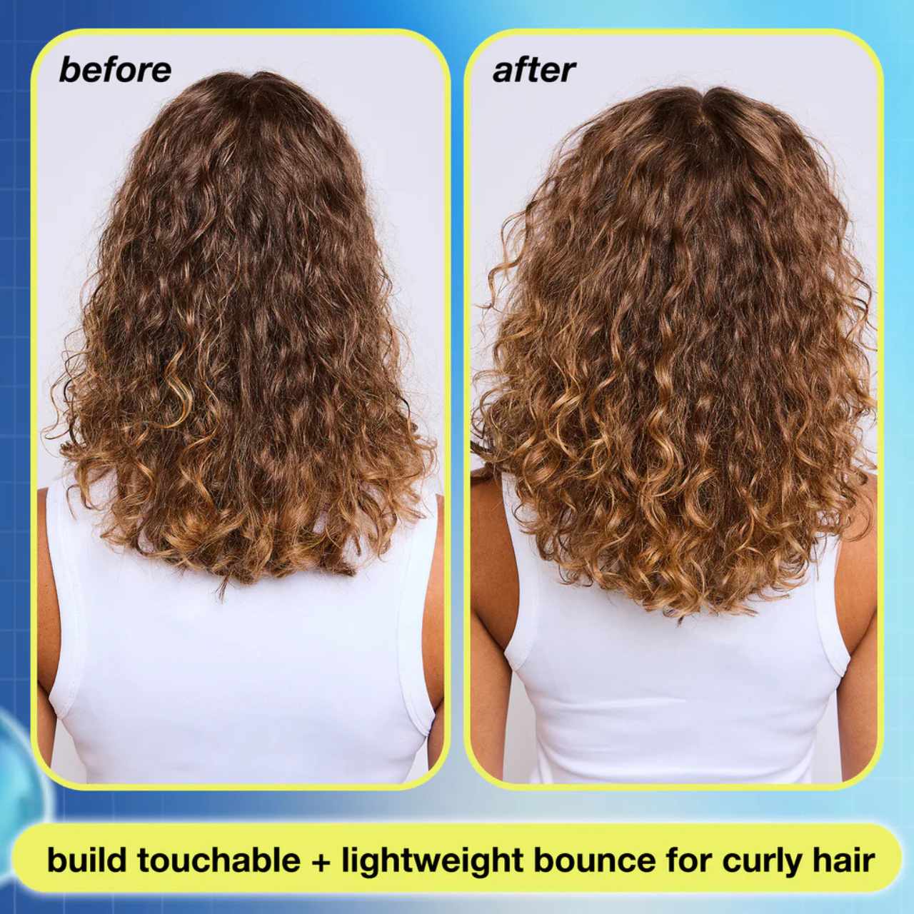 Before and after results using K18 AstroLift Reparative Volume Spray for enhancing curly hair texture