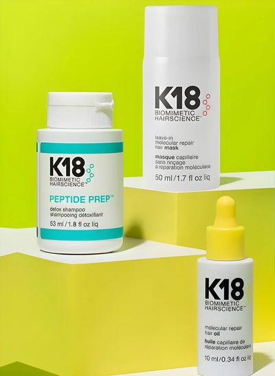 K18 Hair Repair Set: Shampoo, Hair Mask, & Oil. K18 Biomimetic Hairscience products for damaged hair. Salon-quality hair care.