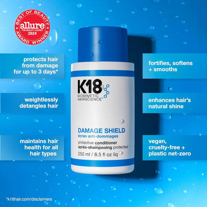 K18 Damage Shield Protective Conditioner 250ml fortifies and rejuvenates hair, enhancing natural shine and detangling.