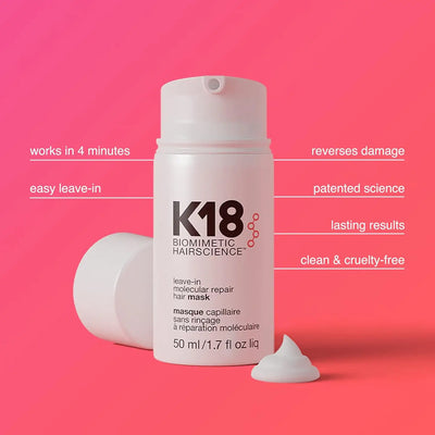 K18 Leave In Molecular Hair Repair Mask in a 50ml bottle with easy application and patent-backed formula