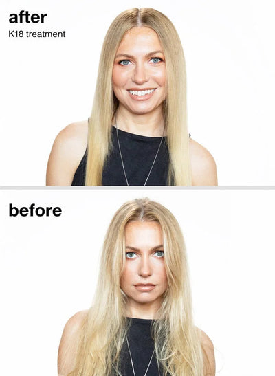 K18 Before & After: See the results! Damaged blonde hair transformed with K18 hair treatment. Repair, smooth, and healthy hair.