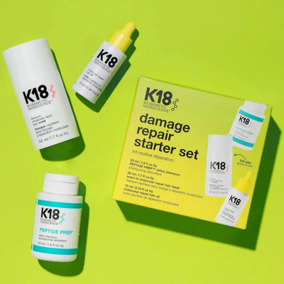 K18 Damage Repair Starter Set: Molecular Repair Hair Mask, Peptide Prep Detox Shampoo, and Hair Oil. Hair Care Routine Kit