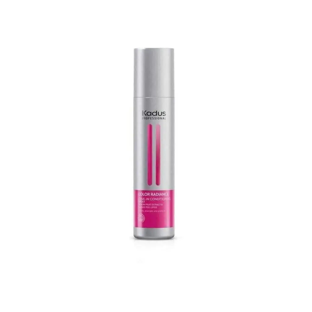 Silver cylindrical bottle of Kadus Color Radiance Conditioning Spray with pink accents, 250ml