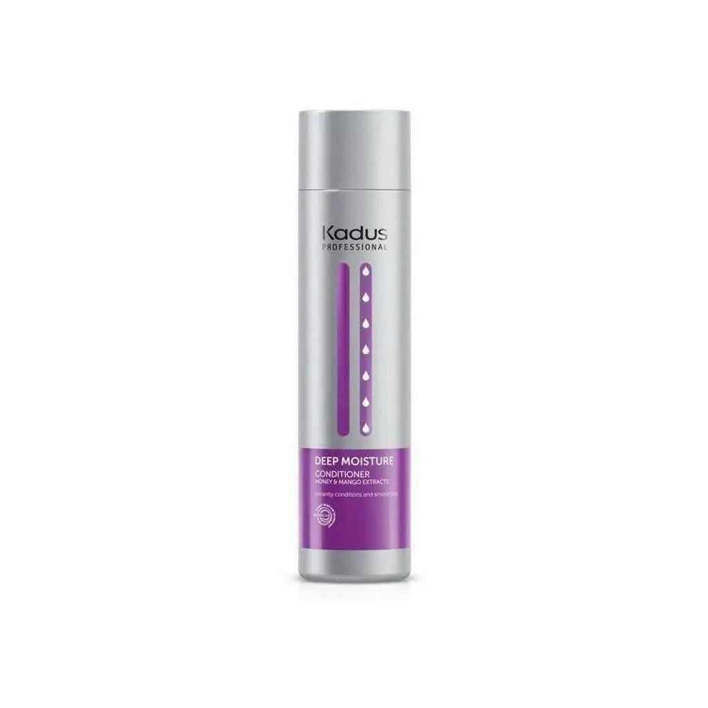 Silver cylindrical bottle of Kadus Deep Moisture Conditioner, 250ml, with purple labeling