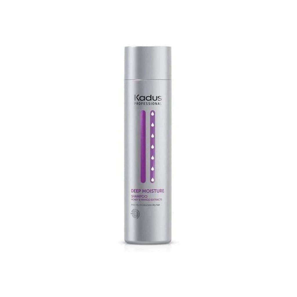 Silver cylindrical bottle of Kadus Deep Moisture Shampoo, essential for your hair care routine