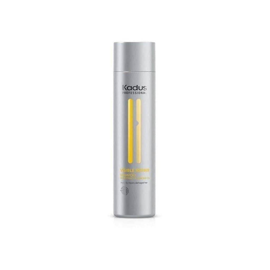 Silver cylindrical bottle of Kadus Visible Repair Shampoo with yellow accents - 250ml