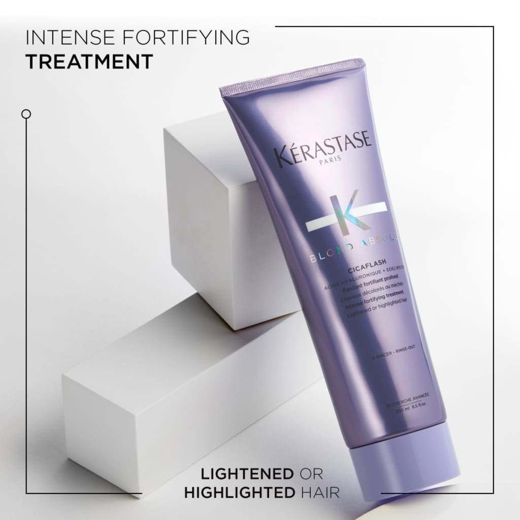 Purple tube of Kerastase Blond Absolu Cicaflash treatment for lightened or highlighted hair