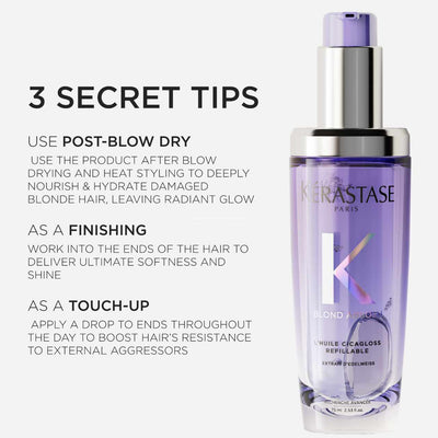 Kérastase Blond Absolu Cicagloss hair oil bottle with product tips. Luxurious blonde hair care product image.