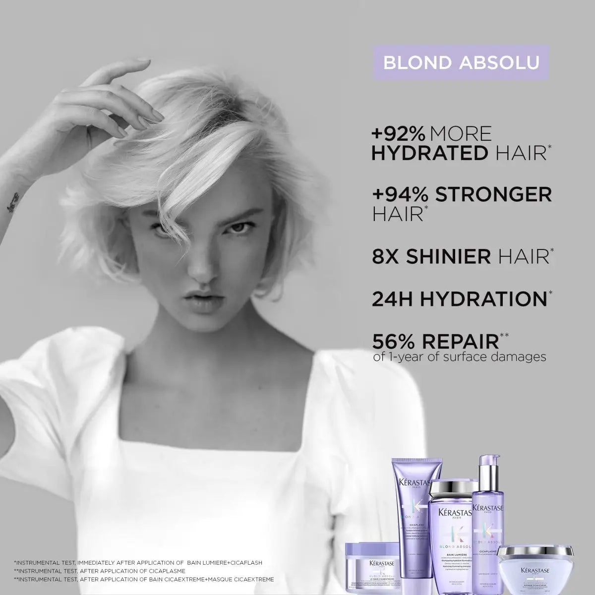 Black and white photo of a woman with platinum blonde hair using Kerastase Blond Absolu Cicaplasme