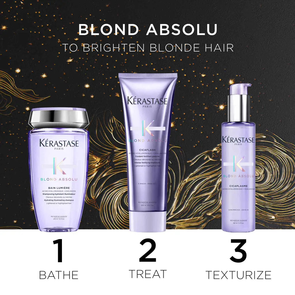 Hair care product line featuring three purple bottles from Kérastase’s Blond Absolu collection.