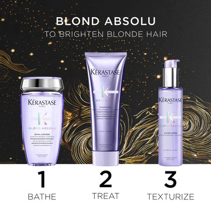 Hair care product line featuring three purple bottles from Kérastase’s Blond Absolu collection.