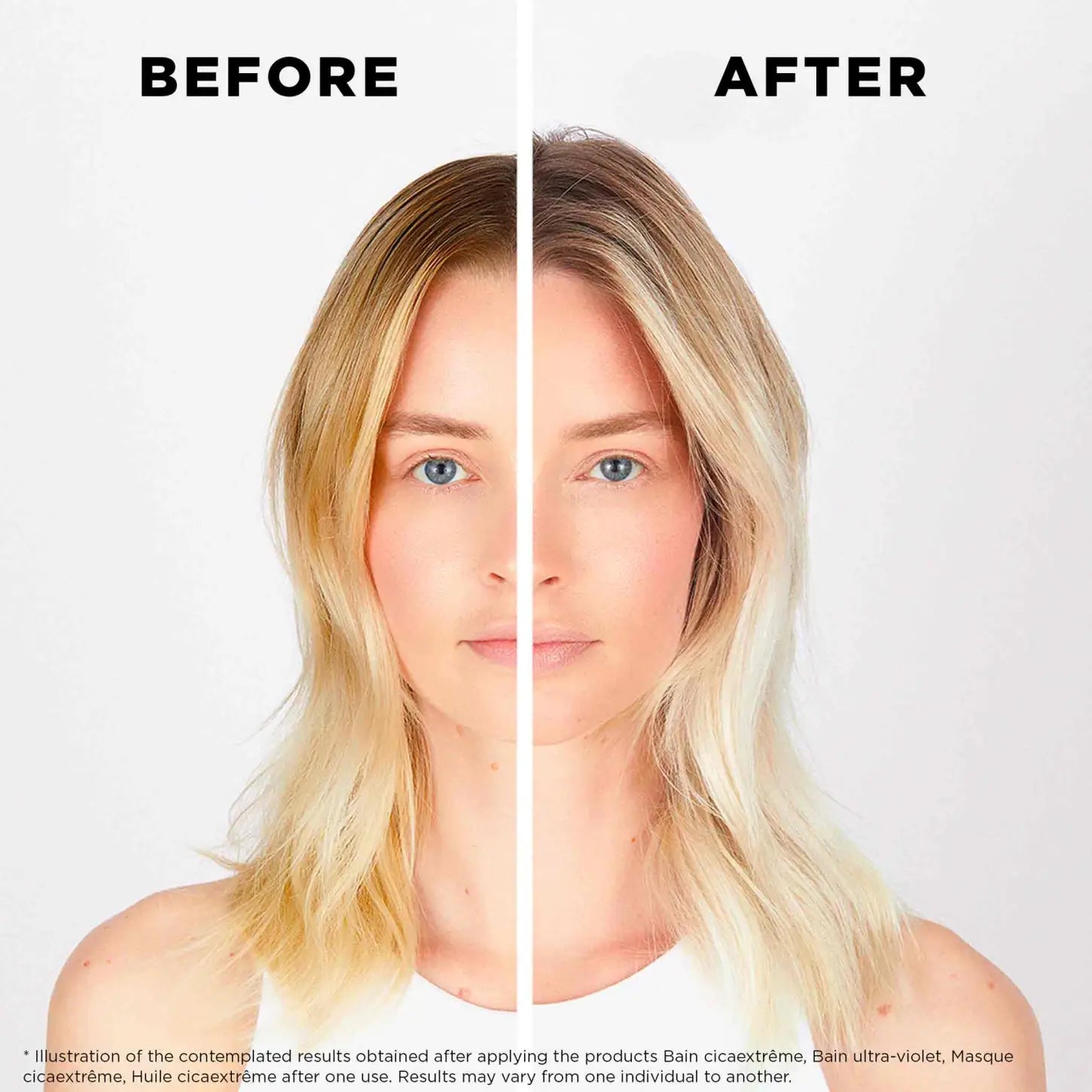 Split-screen comparison showing a woman’s face and hair before and after a beauty treatment.