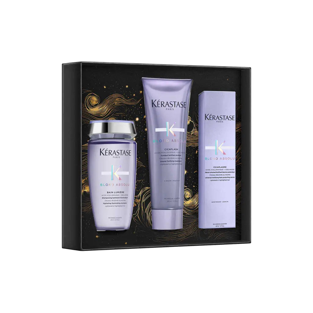 Gift set of Kérastase hair care products in purple packaging.