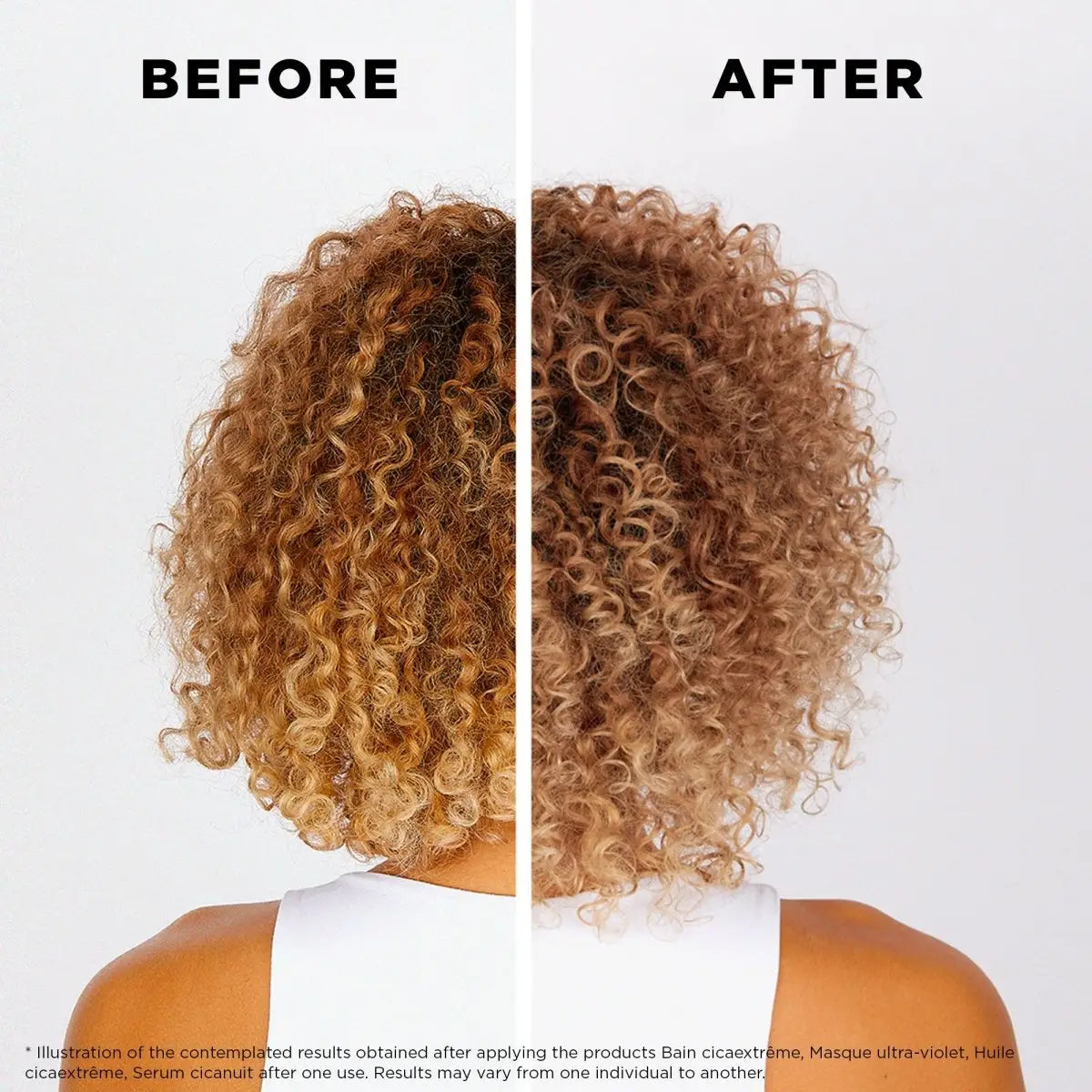 Before and after results of curly hair using Kerastase Blond Absolu Masque Ultra-Violet