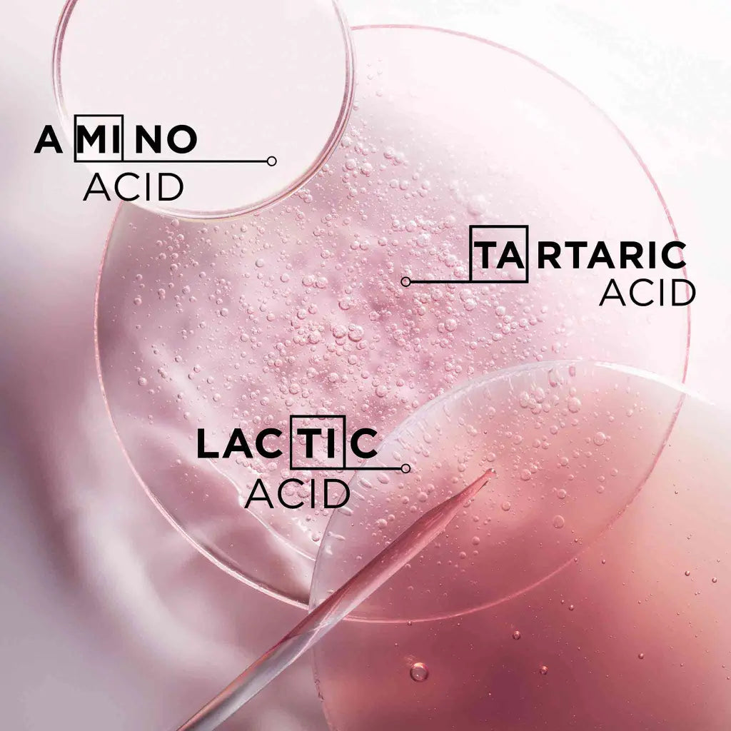 Overlapping circular shapes with labels for amino acid, tartaric acid, and lactic acid on a pink background.