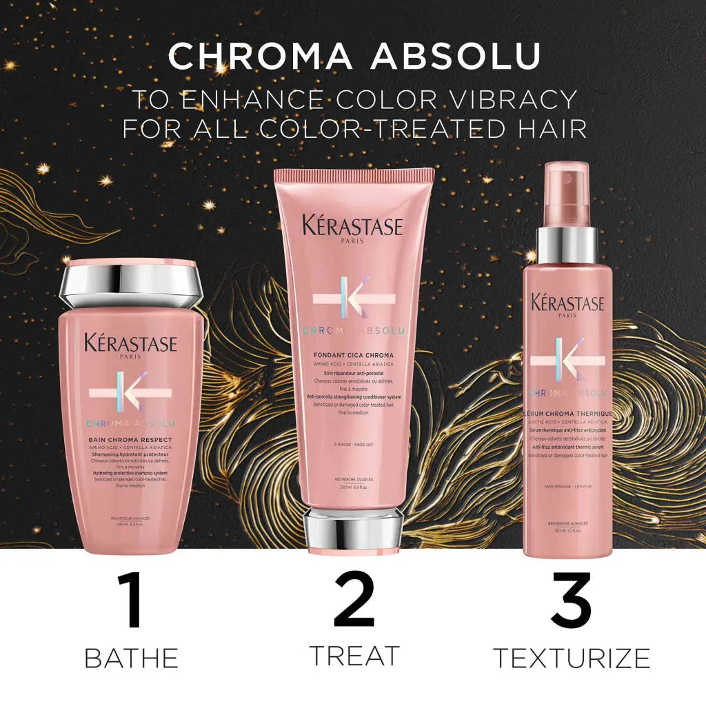 Hair care product line featuring three pink Kérastase bottles for color-treated hair.