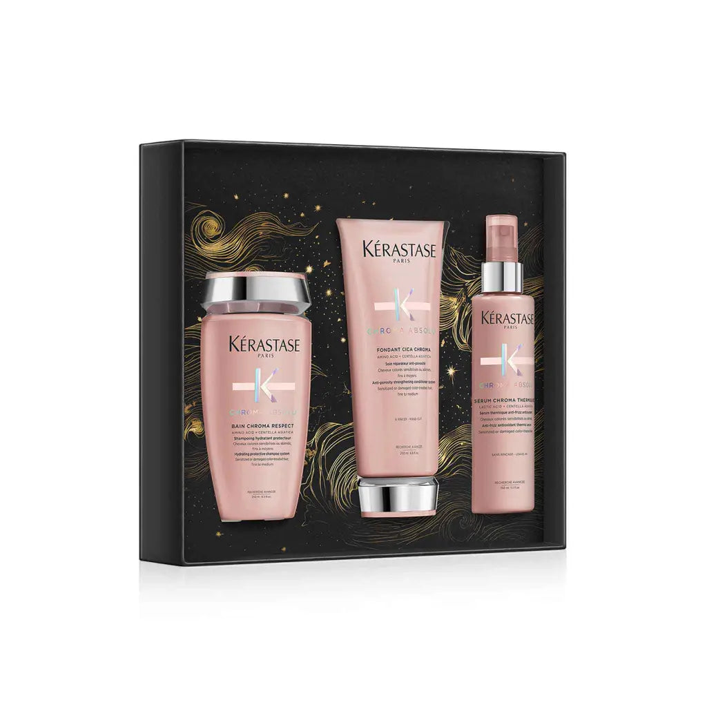 Gift set of Kérastase hair care products in pink packaging.