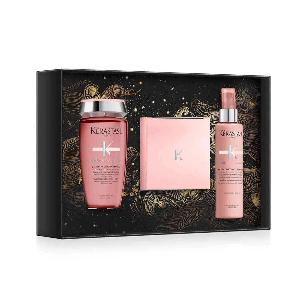 Gift set of Kérastase hair care products in pink packaging.