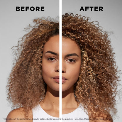 Split-screen comparison of curly hair before and after Kerastase Curl Manifesto Bain treatment