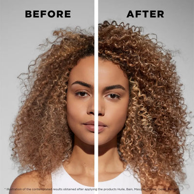 Split-screen comparison of curly hair before and after Kerastase Curl Manifesto Bain treatment