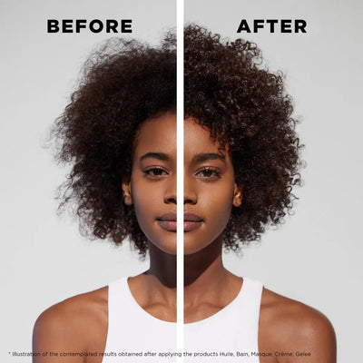 Split-screen curly hair before and after treatment with Kerastase Curl Manifesto Crème