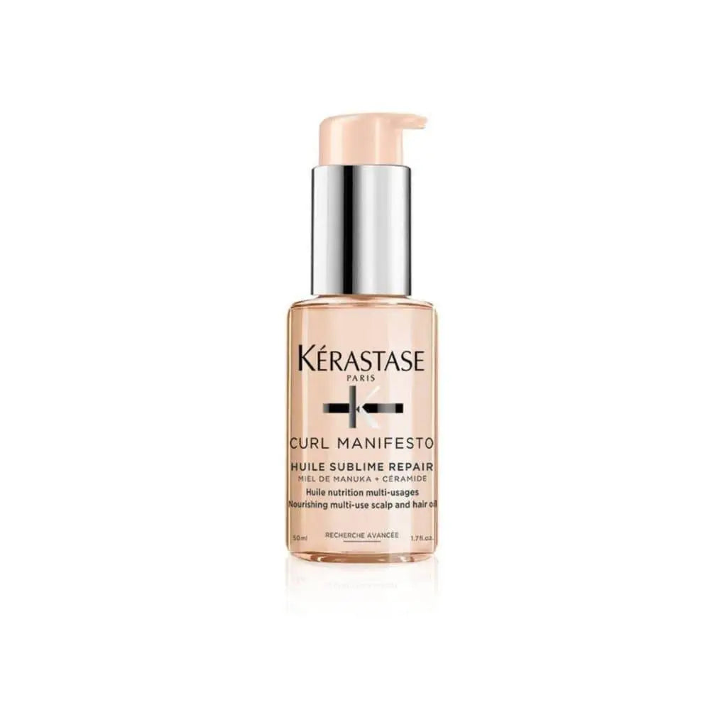 Bottle of Kérastase Curl Manifesto Huile Sublime Repair Hair Oil 50ml on display