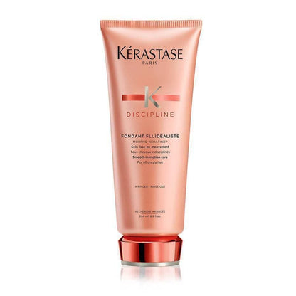 Peach-colored Kérastase Discipline Fondant Fluidéaliste 200ml hair care product with red cap