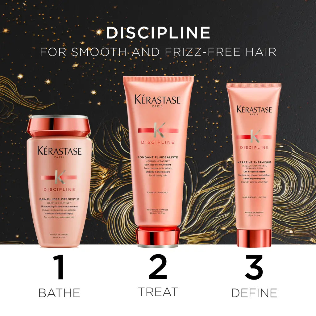 Hair care product line from Kérastase for smooth and frizz-free hair, featuring three steps: bathe, treat, and define.