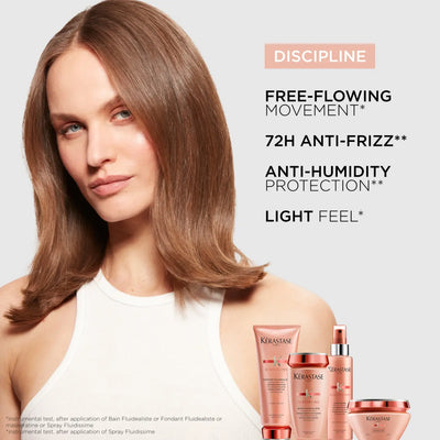 Kérastase Discipline: Smooth, Frizz-Free Hair. Model showcases sleek hair, plus Discipline hair care products.