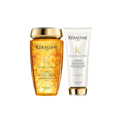 Kérastase Elixir Ultime Hair Care Bundle: Shampoo & Conditioner for Shine. Luxury hair products shown. Improve hair health today!
