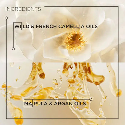Ingredients of Kerastase Elixir Ultime hair oil featuring wild and French camellia oils with marula and argan oils