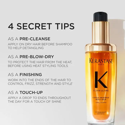 Bottle of Kérastase hair oil product with golden-orange liquid.