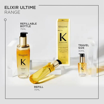 Hair care product line featuring bottles and packaging in gold and yellow tones.