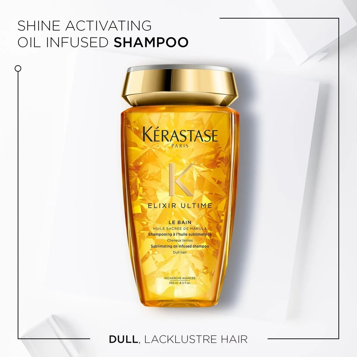 Golden bottle of Kerastase Elixir Ultime Le Bain Shampoo 250ml for dull hair