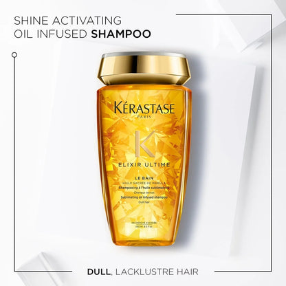 Golden bottle of Kerastase Elixir Ultime Le Bain Shampoo 250ml for dull hair