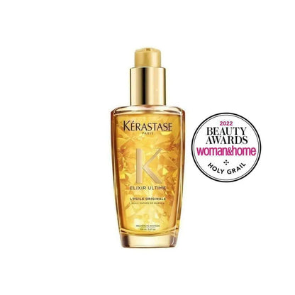 Golden bottle of Kérastase Elixir Ultime hair oil with Beauty Awards seal