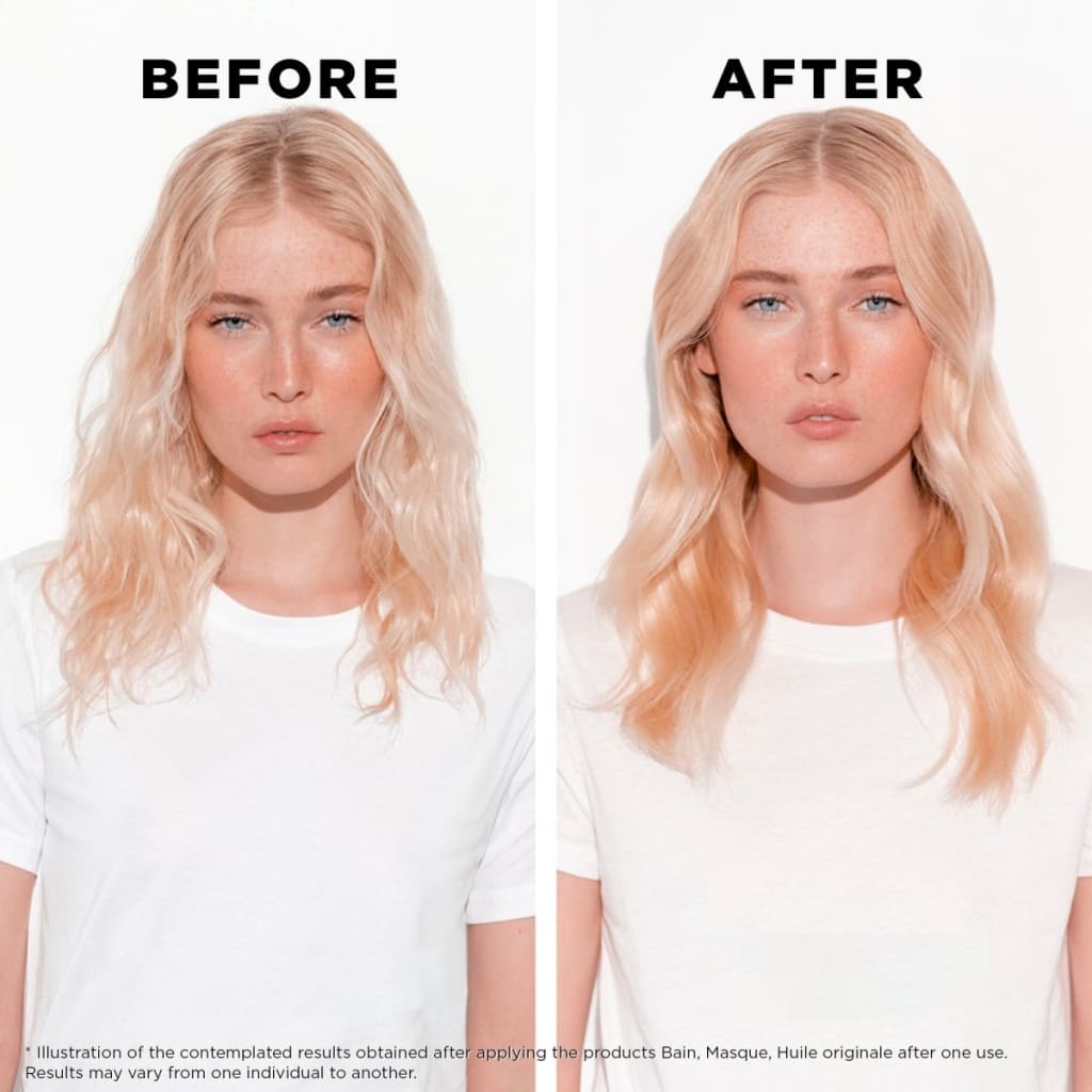 Before and after using Kerastase Elixir Ultime L’Huile, showcasing improved hair texture