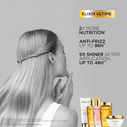 Side profile of a woman with blonde hair using Kerastase Elixir Ultime L’Huile 100ml