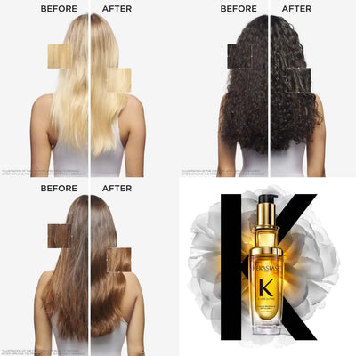 Kérastase Elixir Ultime: Hair Oil Before & After. Shine, Softness, Frizz Control. Shop Now at Partners Hair Design!