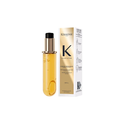 Bottle of Kérastase hair oil product with gold-colored packaging and box.